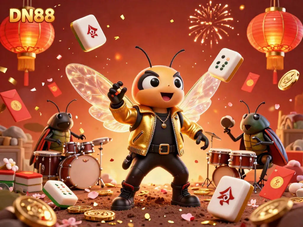 Join the excitement of DN88 with a cartoon rock star and vibrant casino elements celebrating gaming.
