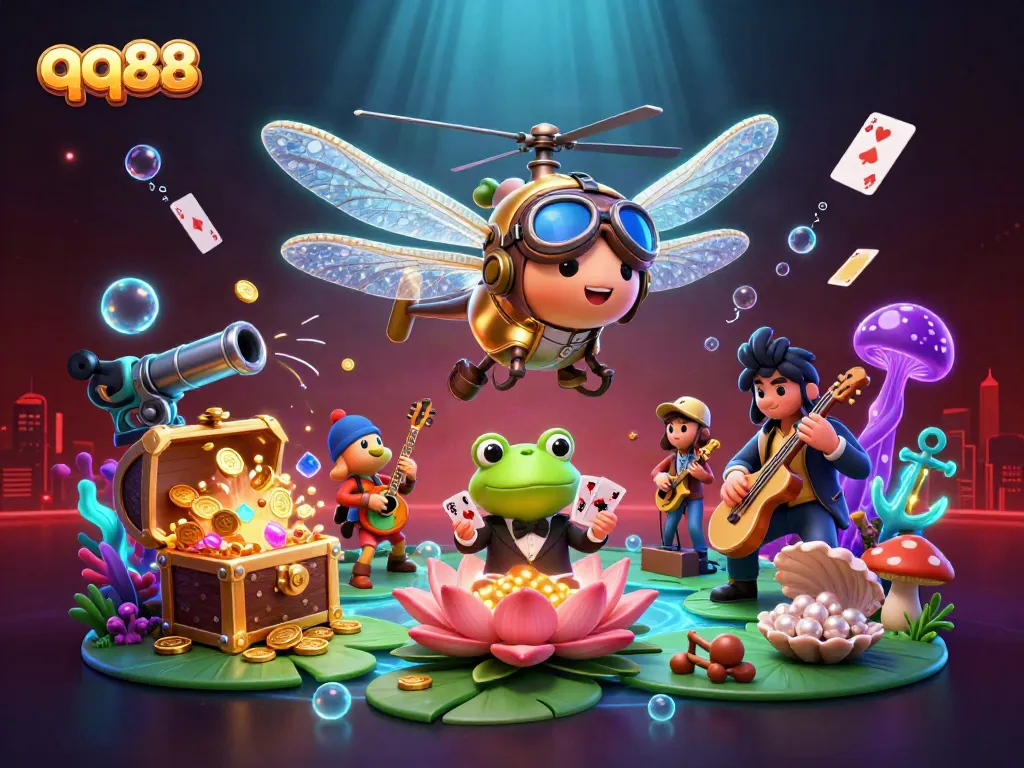 Engage with thrilling qq88 experiences at a vibrant lily pad casino showcasing a dragonfly pilot and frog croupier.