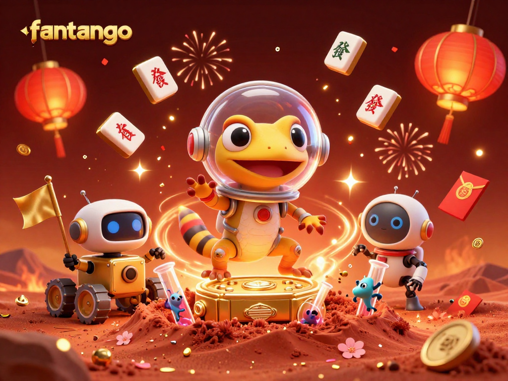 Experience the thrill of fantango as the Martian gecko discovers a golden casino in a vibrant, dynamic scene.