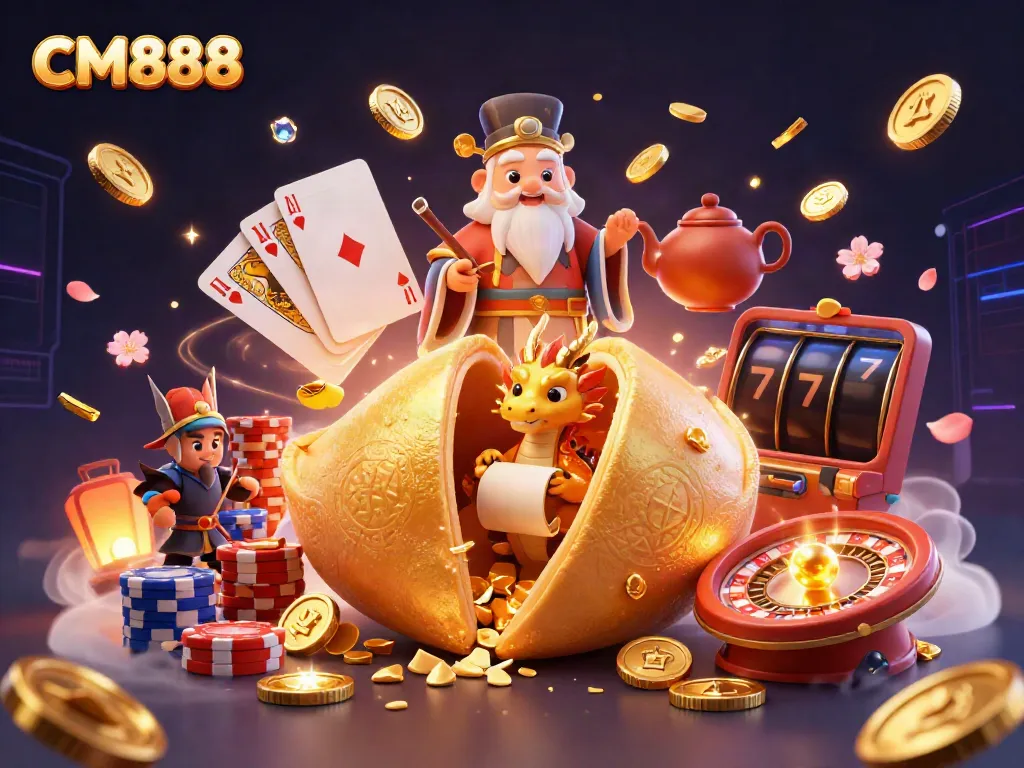 Cascade coins and a wise dragon reveal fortunes in a vibrant CM888 casino illustration.