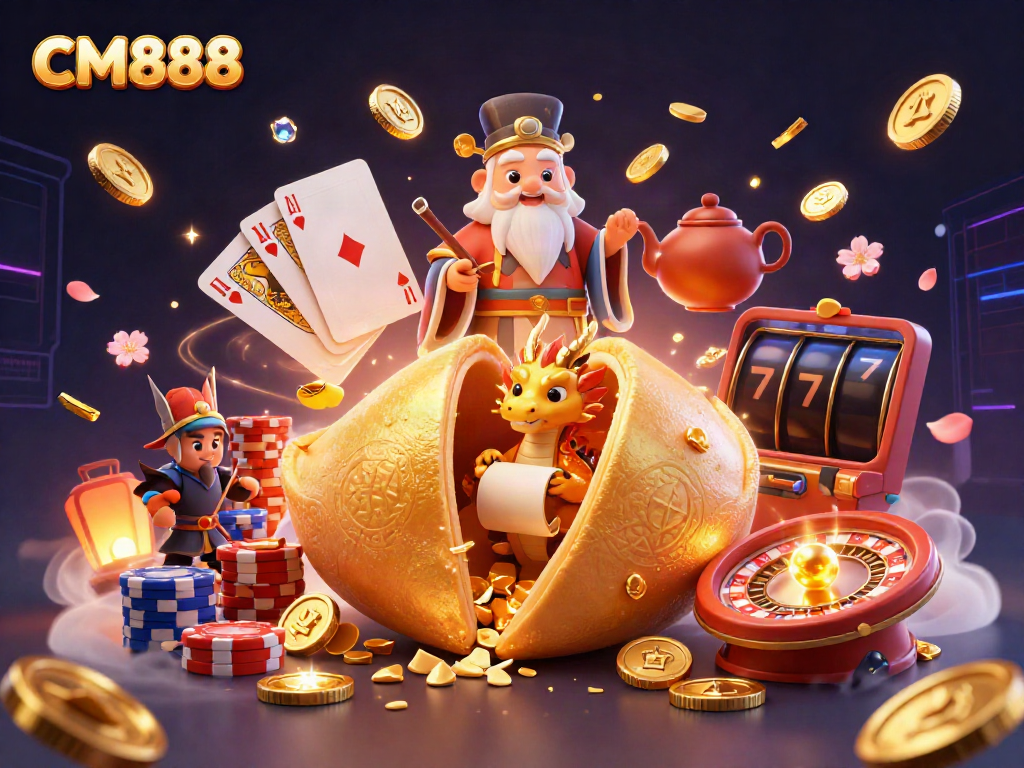 Cascade coins and a wise dragon reveal fortunes in a vibrant CM888 casino illustration.