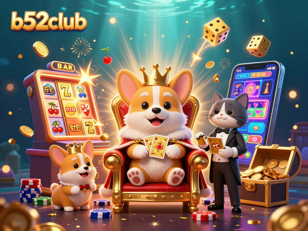 Immerse in b52club's thrilling casino adventure with vibrant 3D illustration of royal corgi and jackpot-winning scenes.