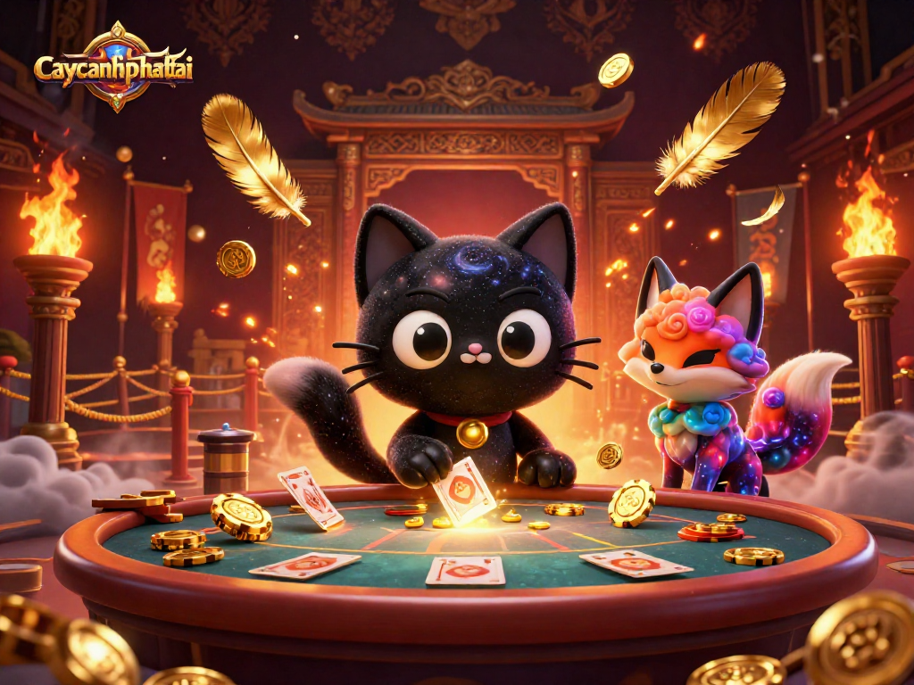 Engage in winning strategies at caycanhphattai with an immersive cosmic casino experience featuring golden chips and characters.