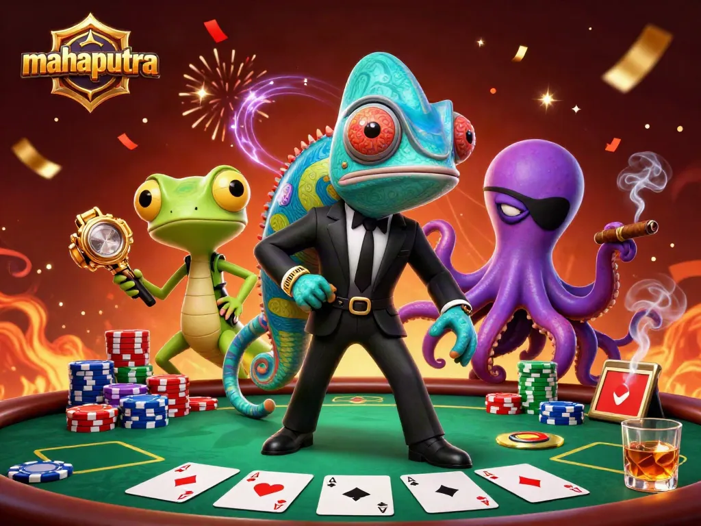 Mahaputra merayakan kemenangan dalam permainan poker di kasino digital yang meriah.