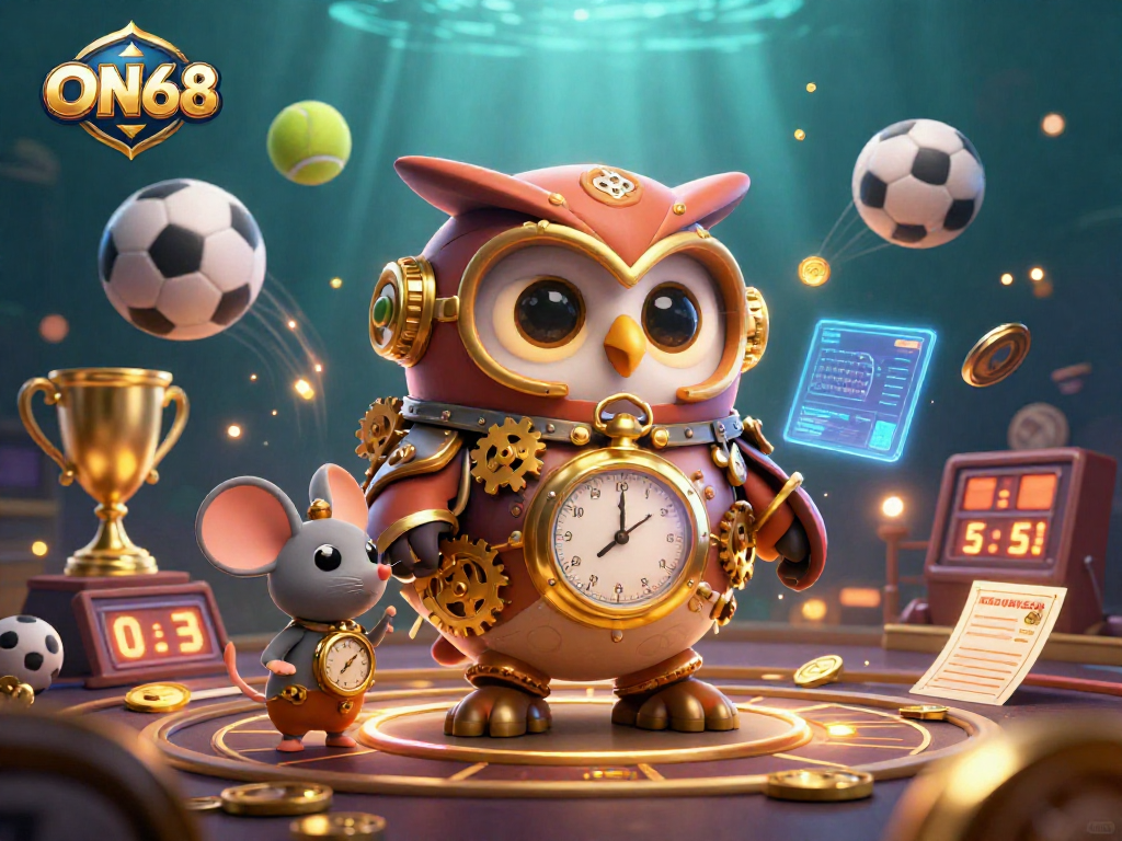 Experience high-energy gaming action at ON68 with steampunk owl, sports elements, and dynamic 3D graphics.
