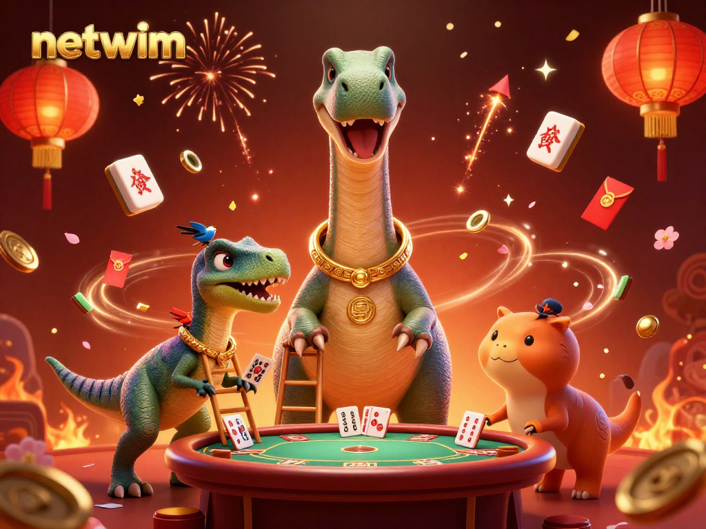 Join the fun with netwim at this vibrant 3D casino scene featuring a playful dinosaur and raptor dealer.