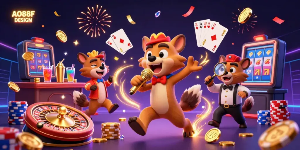 Experience the excitement of AO88F DESIGN with hyenas in a dynamic casino scene featuring a comedy club atmosphere.