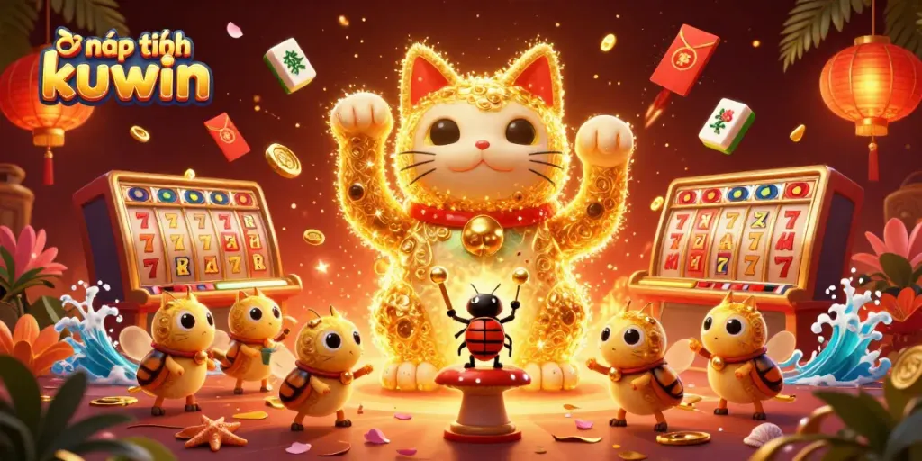 Engage in nạp tiền kuwin with a colorful and dynamic casino-themed illustration full of action.