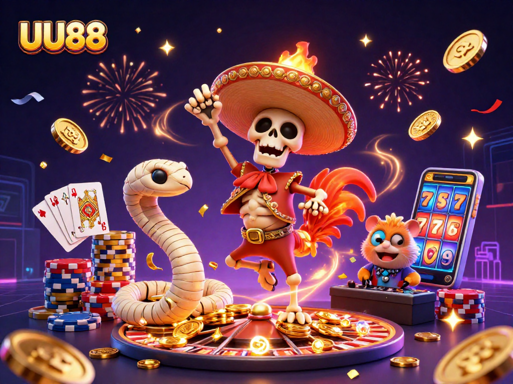 Experience the thrill at UU88 with vibrant casino characters amidst golden coins and lively gaming elements.