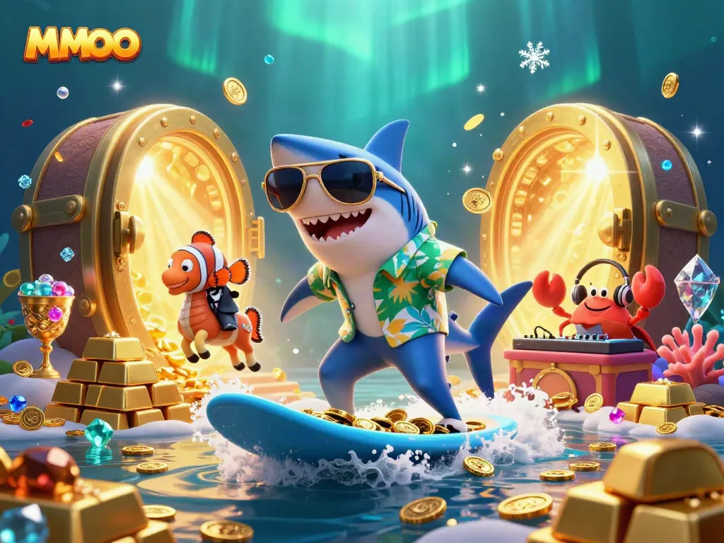 MMOO's vibrant casino scene with a shark surfing gold coins and dynamic treasures, showcasing excitement.