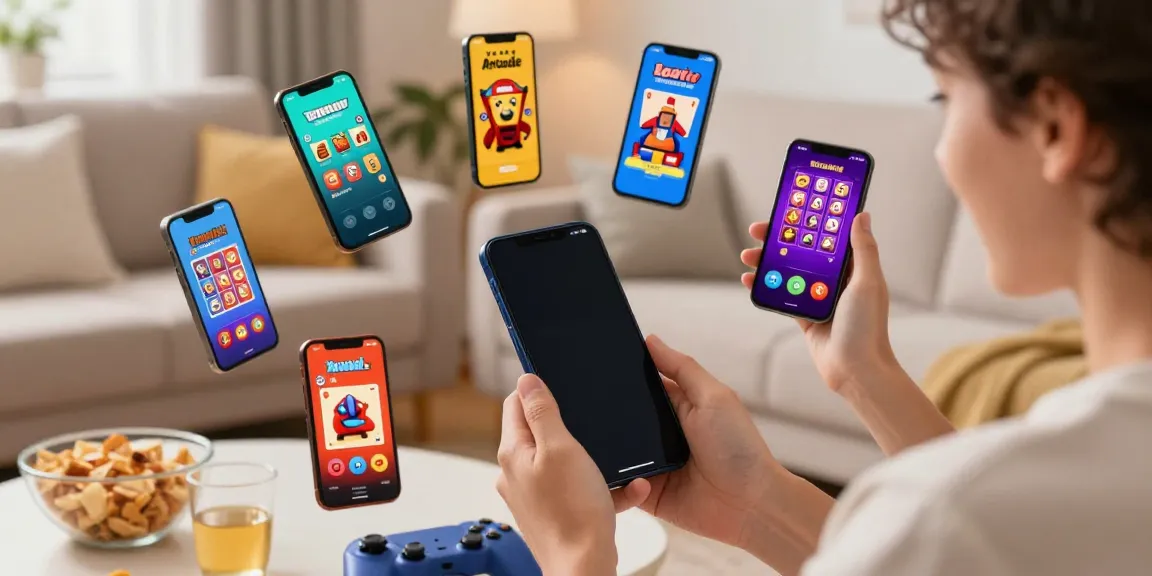 Player enjoying the Yono Arcade app in a cozy living space with vibrant game visuals.