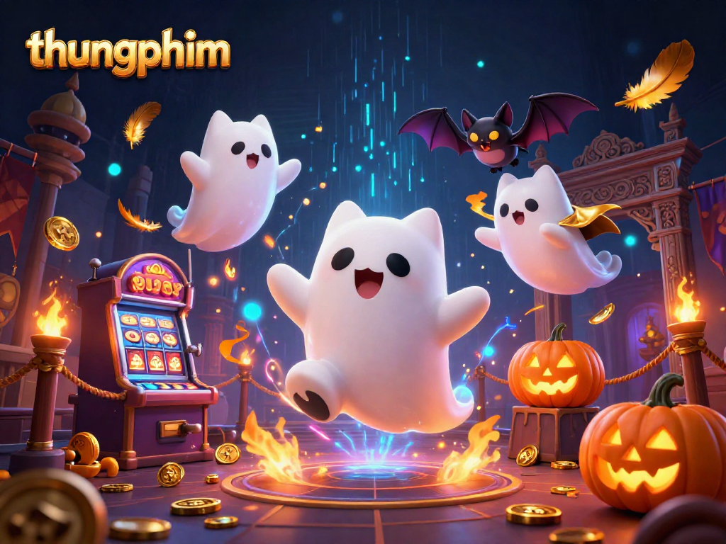 Engage with thungphim as ghost cat and bat explore a haunted casino filled with slot machines and glowing poker pumpkins.