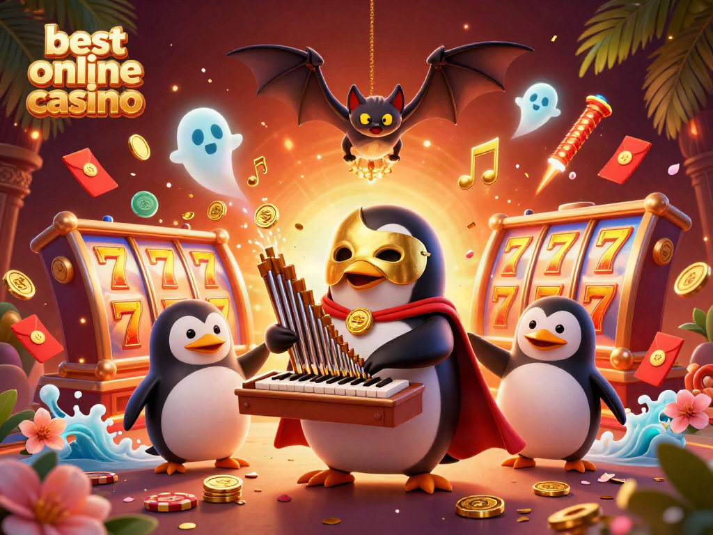 Experience the excitement of the best online casino with a lively 3D scene, featuring a glamorous penguin playing an organ.