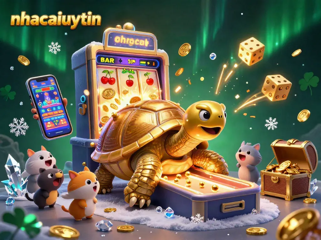 Spin the jackpot with nhacaiuytin featuring a golden tortoise pinball and colorful casino elements.