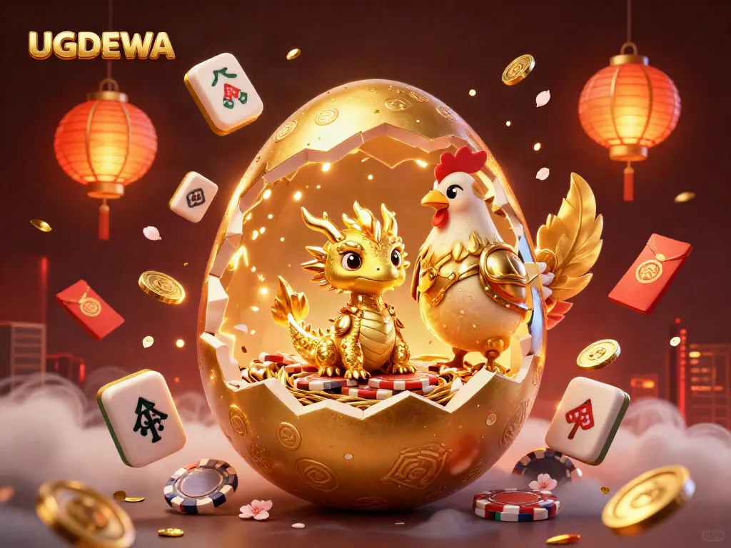 Experience thrilling promotions at UGDEWA with a dazzling golden dragon and festive elements.