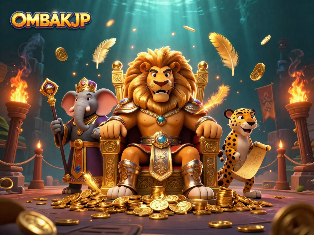 Engage with OMBAKJP in a vibrant casino adventure showcasing a lion king, elephant advisor, and cheetah messenger.