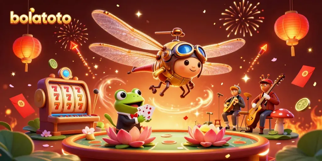Win big with bolatoto while enjoying an exciting scene featuring a dragonfly pilot and casino activities.