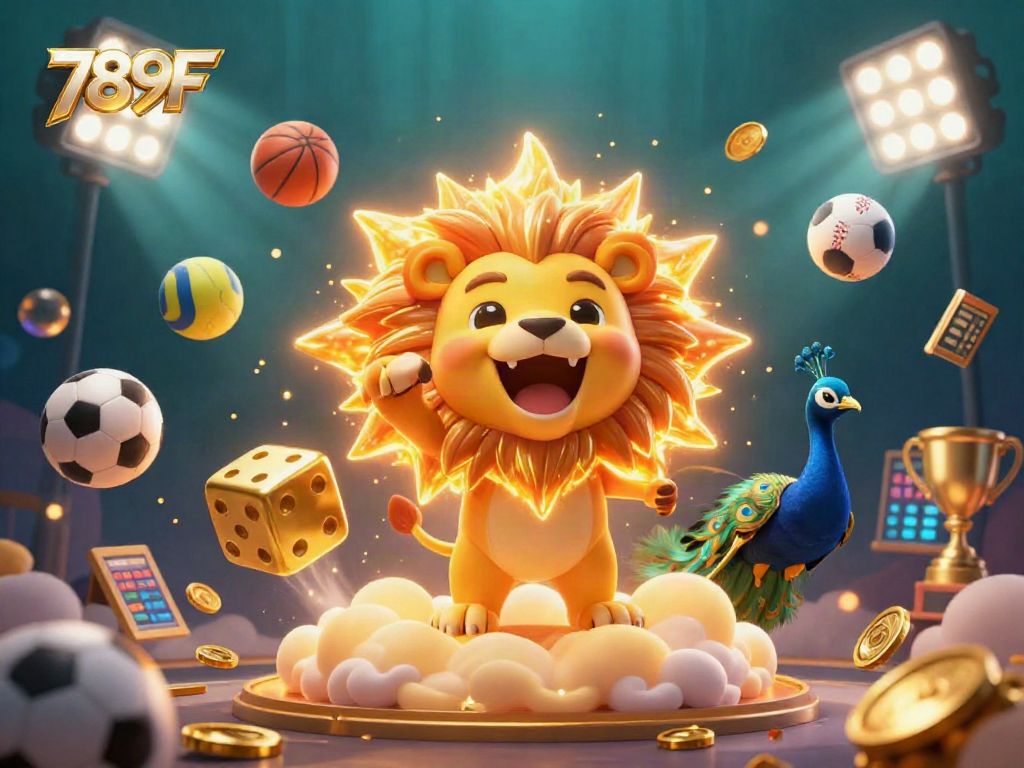 Engage with 789F, a vibrant casino world featuring a roaring lion, golden dice, and dynamic sports elements.