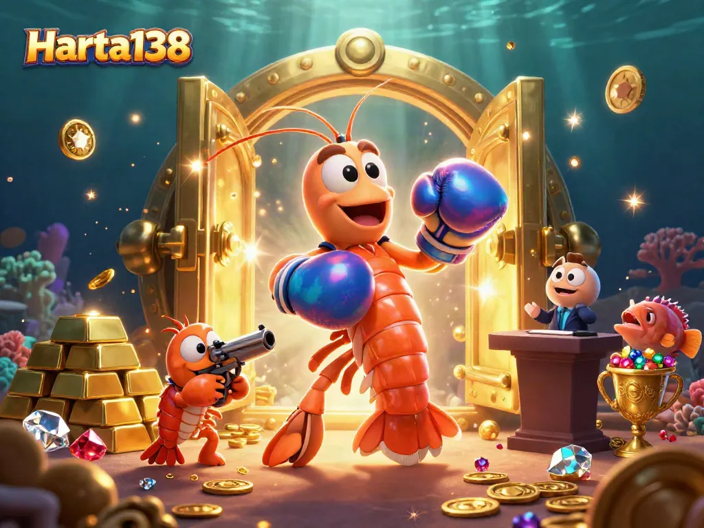 Menangkan jackpot di Harta138 dengan ilustrasi penuh warna yang menggambarkan pengalaman bermain slot yang seru.