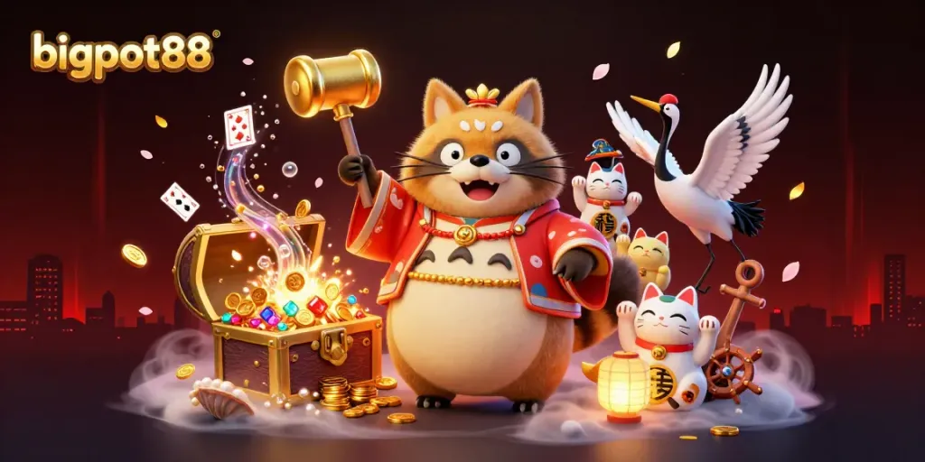 Bigpot88 menghadirkan pemandangan ceria dengan karakter festival Jepang dan kucing keberuntungan.