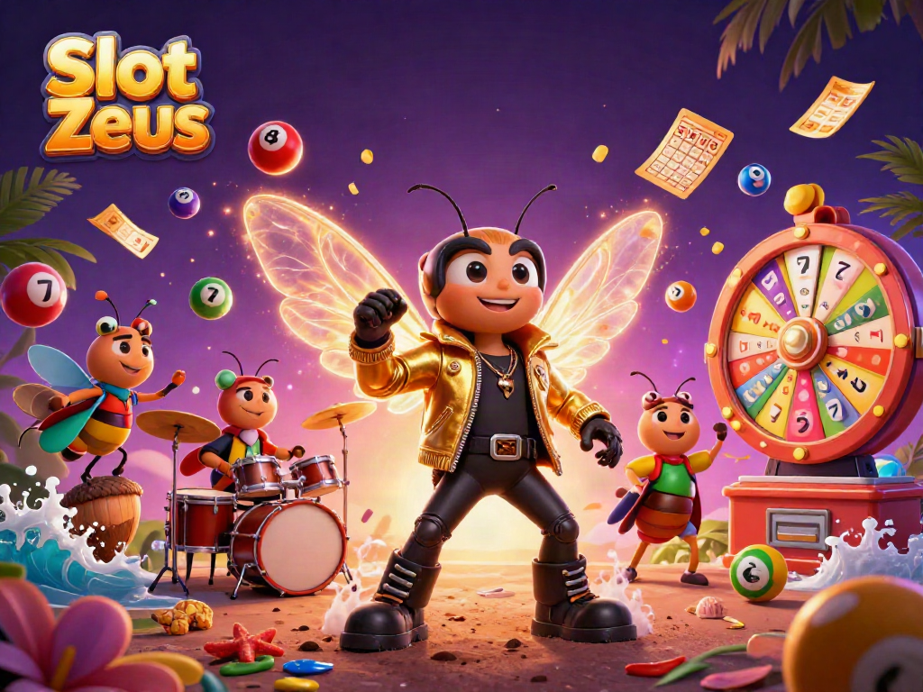 Slot Zeus menghadirkan cicak rock star dan drummer kunang-kunang dalam suasana penuh jackpot dan simbol keberuntungan.