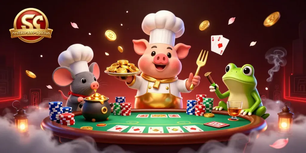 Engage with restaurant-apicius as a gourmet-style casino experience featuring a chef pig and vibrant gambling elements.