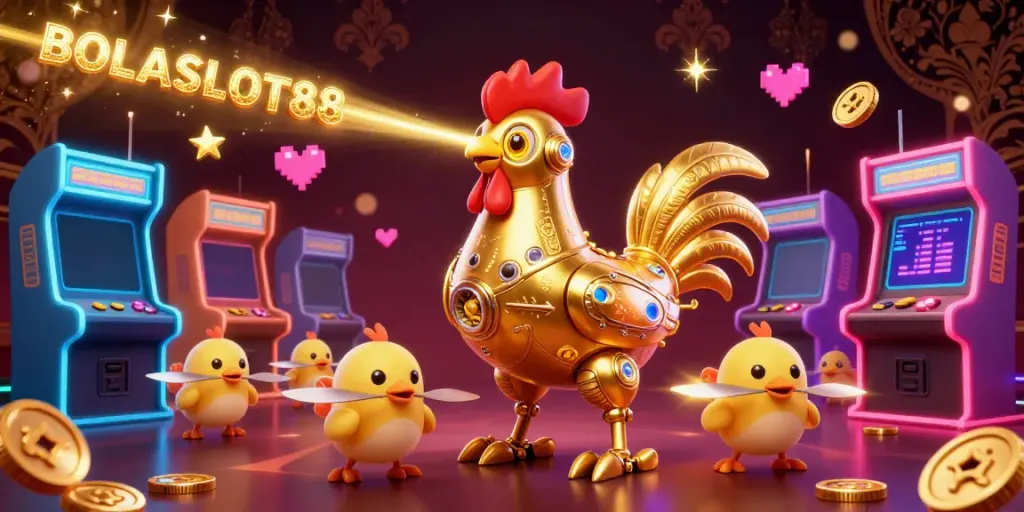 BOLASLOT88 ignites excitement with a golden rooster robot and drones in a vibrant casino scene.