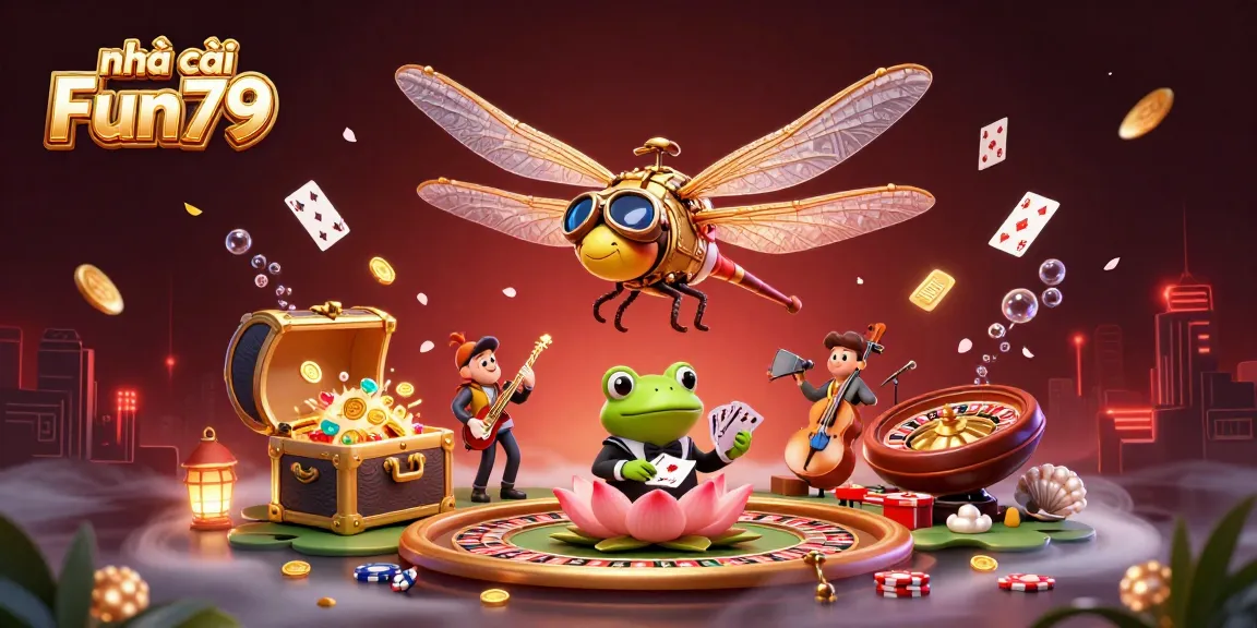 Experience the thrill at nhà cái Fun79 with dragonfly pilot and frog dealer in an animated casino scene.