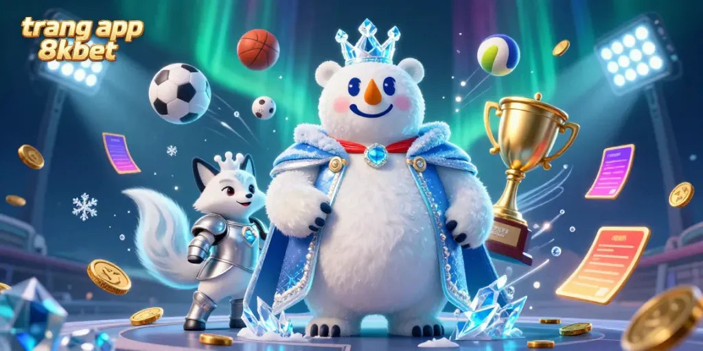 Experience the excitement of the trang app 8xbet with a dynamic scene featuring a cartoon polar bear king and sports elements.