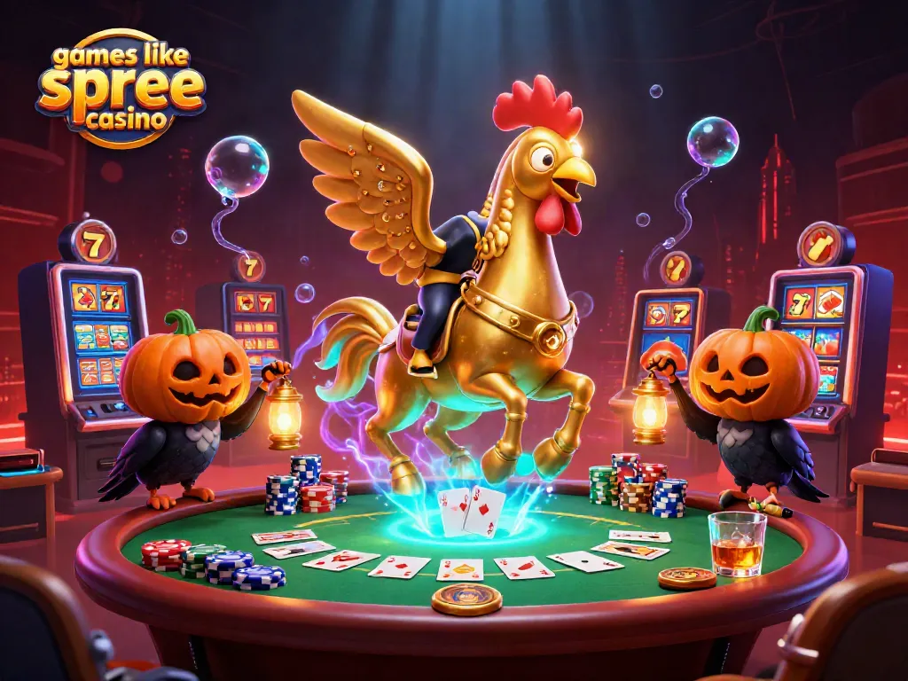 Play thrilling games like spree casino with golden rooster and spectral horse amid vibrant casino elements.