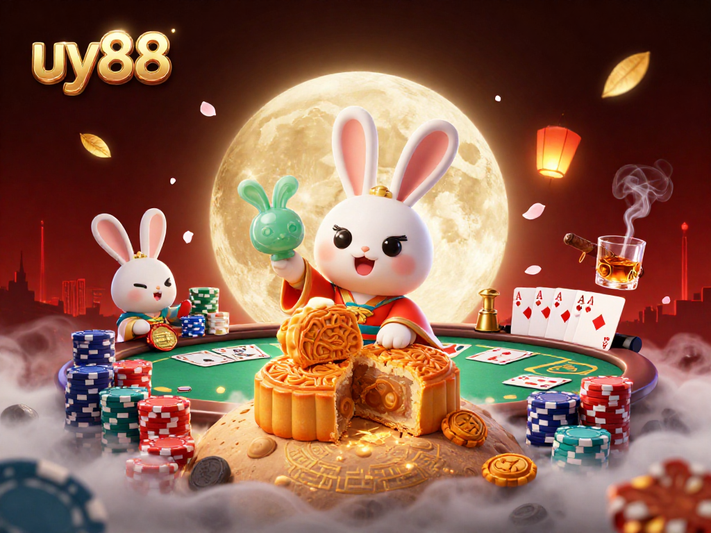 Play poker with uy88's cartoon moon rabbit, golden mooncakes, and vibrant poker elements in a rich casino atmosphere.