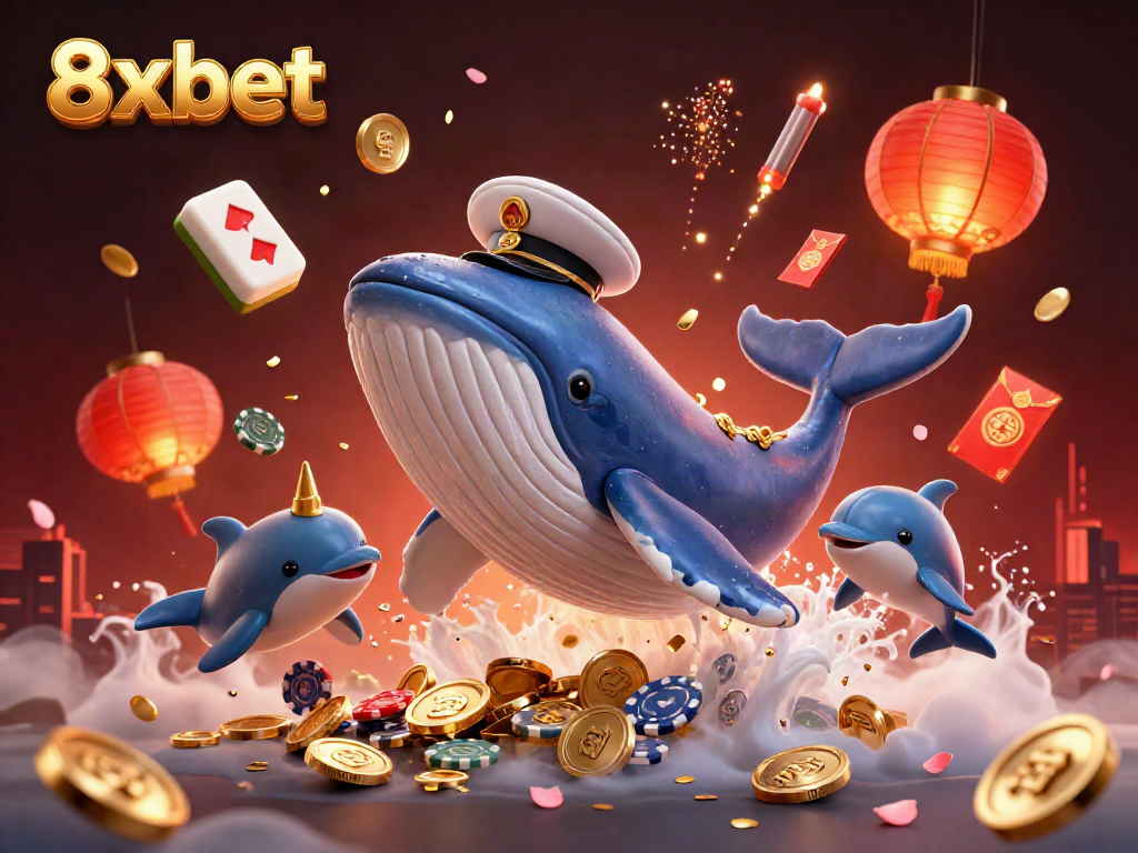 Experience the thrill of 8xbet with a vibrant 3D scene of a whale, narwhal, and dolphins immersed in gaming elements.