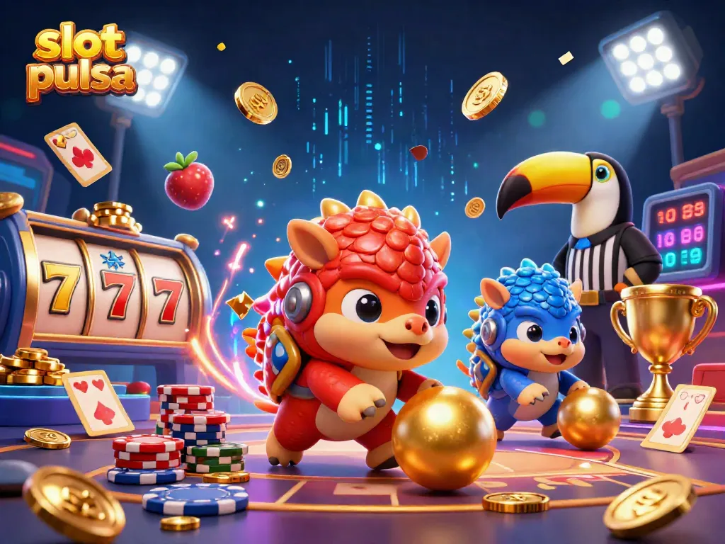 Engaging scene of rival pangolins playing slot pulsa with dynamic elements and vibrant casino ambiance.