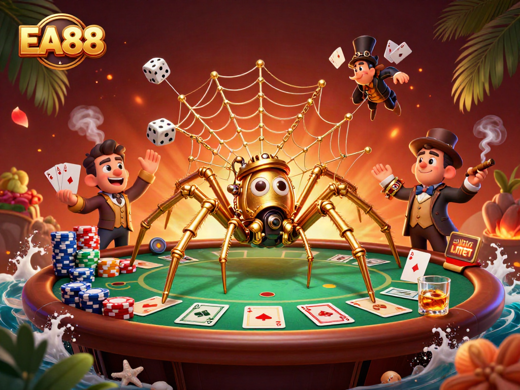 Engage with EA88's thrilling casino scene featuring a steampunk spider and poker elements.