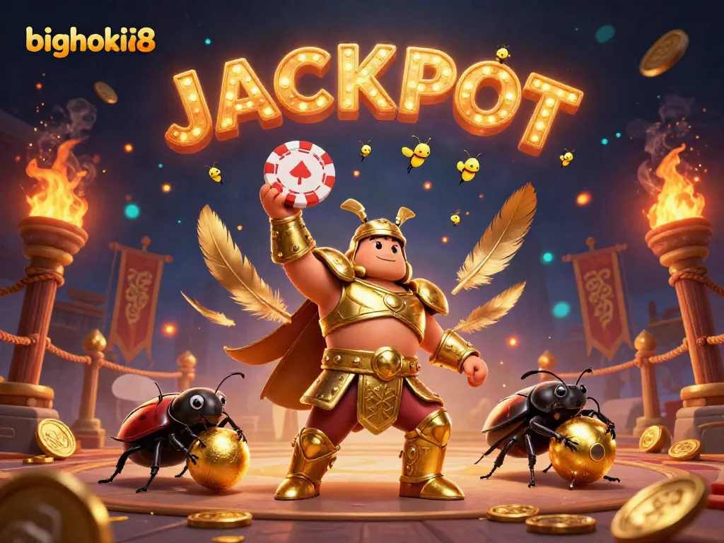 Menangkan bighoki88 dengan kartu poker yang diangkat oleh kumbang hercules berarmor emas, dikelilingi sosok mengesankan lainnya.