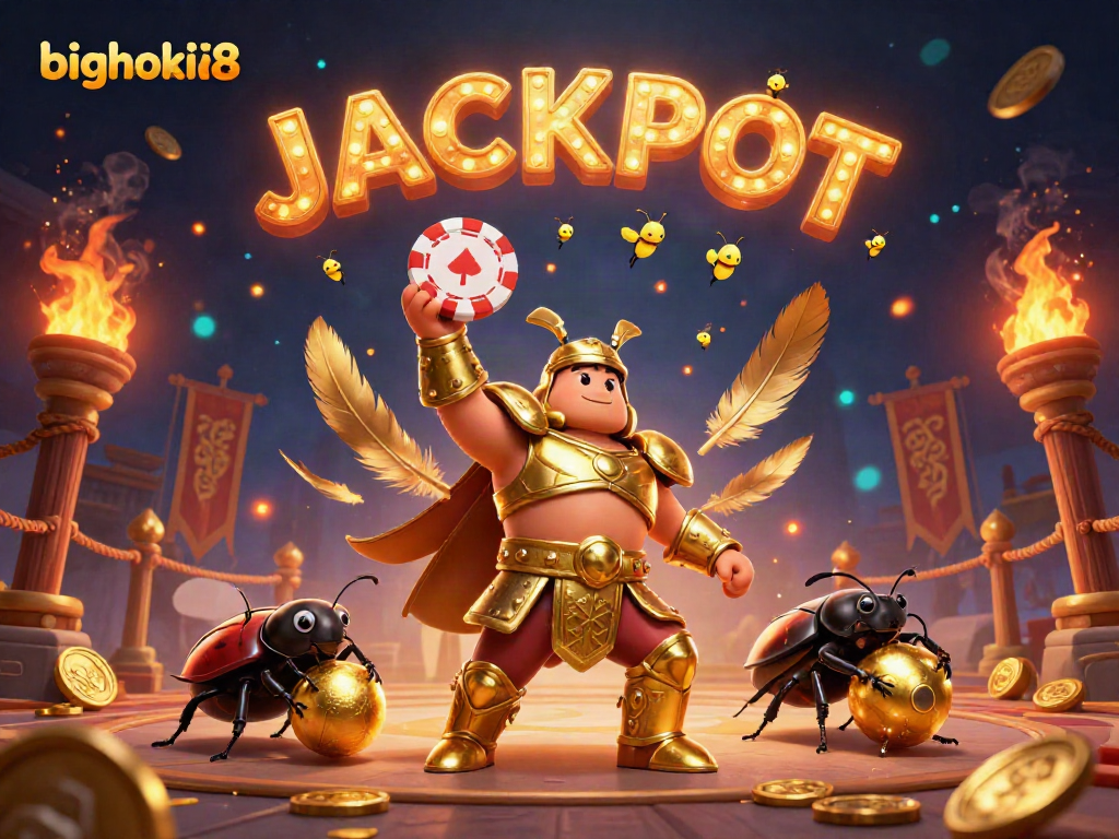 Menangkan bighoki88 dengan kartu poker yang diangkat oleh kumbang hercules berarmor emas, dikelilingi sosok mengesankan lainnya.