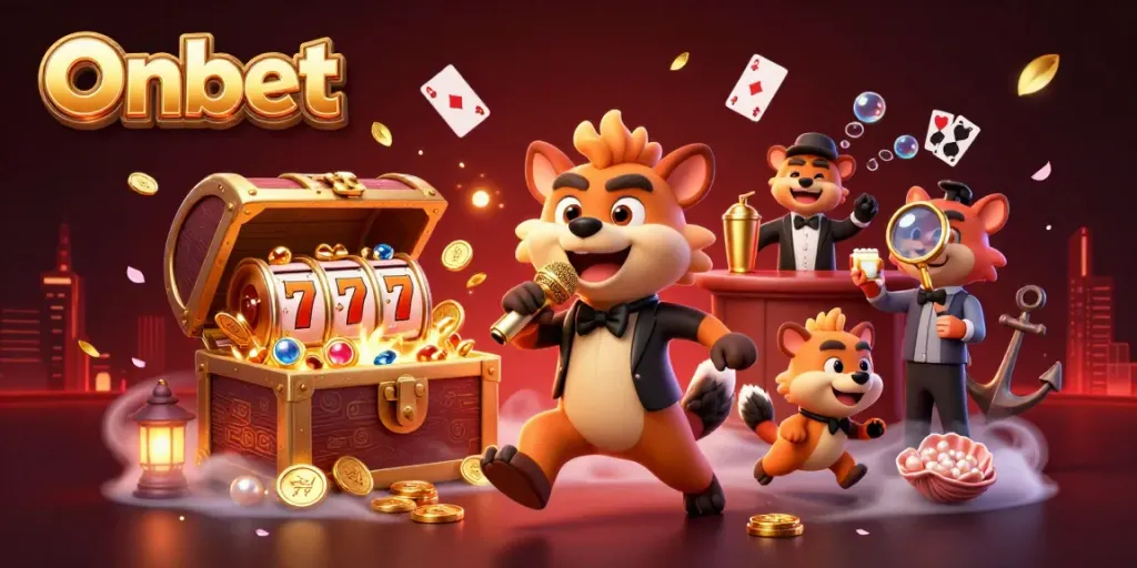 Engage with Onbet's vibrant casino scene featuring hyenas, slot games, and a luxurious atmosphere.