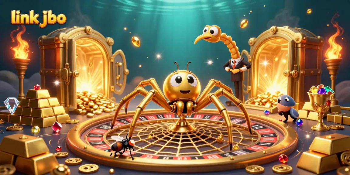 Engage in thrilling bets with link jbo as a golden spider spins a roulette wheel web in a vibrant casino scene filled with treasures.