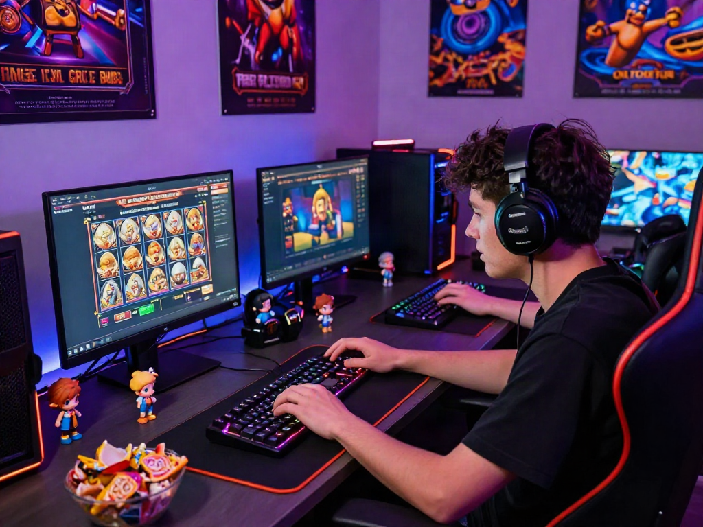 Exciting slot demo gaming atmosphere with player engaging on laptop and vibrant graphics.