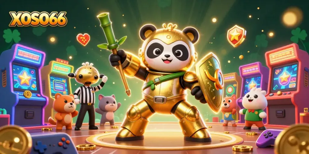 XOSO66 adrenaline-driven 3D illustration showcasing golden panda mech battling in a vibrant casino arena, filled with cheering spectators.