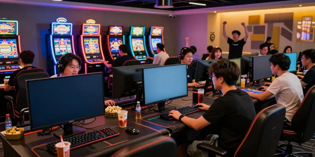 Exciting online gaming atmosphere with players engaged in qqmacan games, showcasing colorful slot machines and live casino tables.