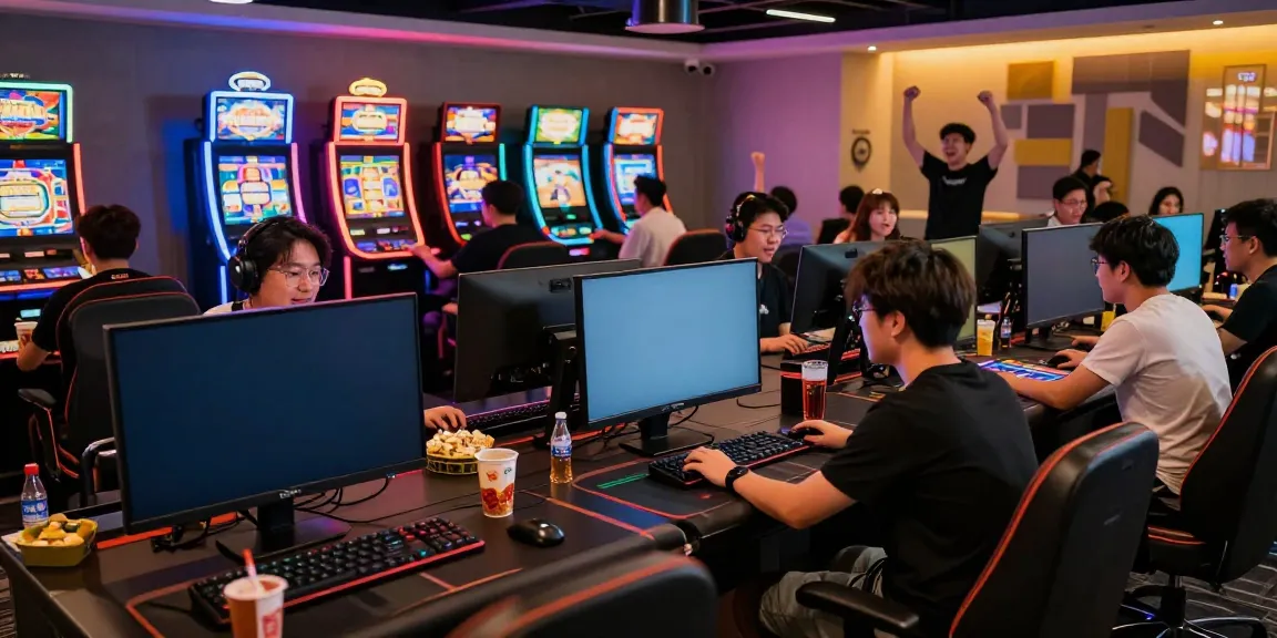 Exciting online gaming atmosphere with players engaged in qqmacan games, showcasing colorful slot machines and live casino tables.