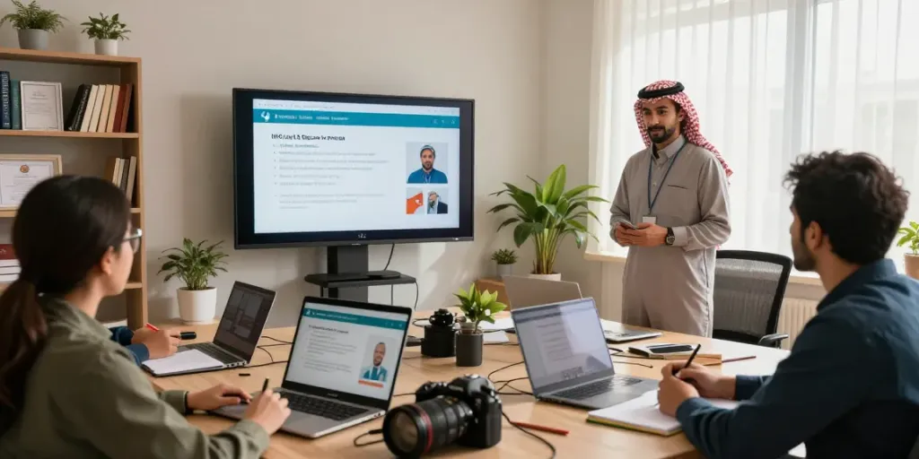 NVQ Level 6 in Saudi Arabia virtual training session with engaged learners and instructor.