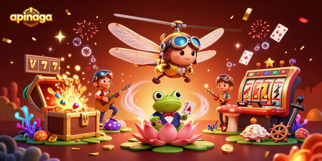 Spin to win at apinaga's vibrant lily pad casino with a dragonfly pilot and frog croupier.