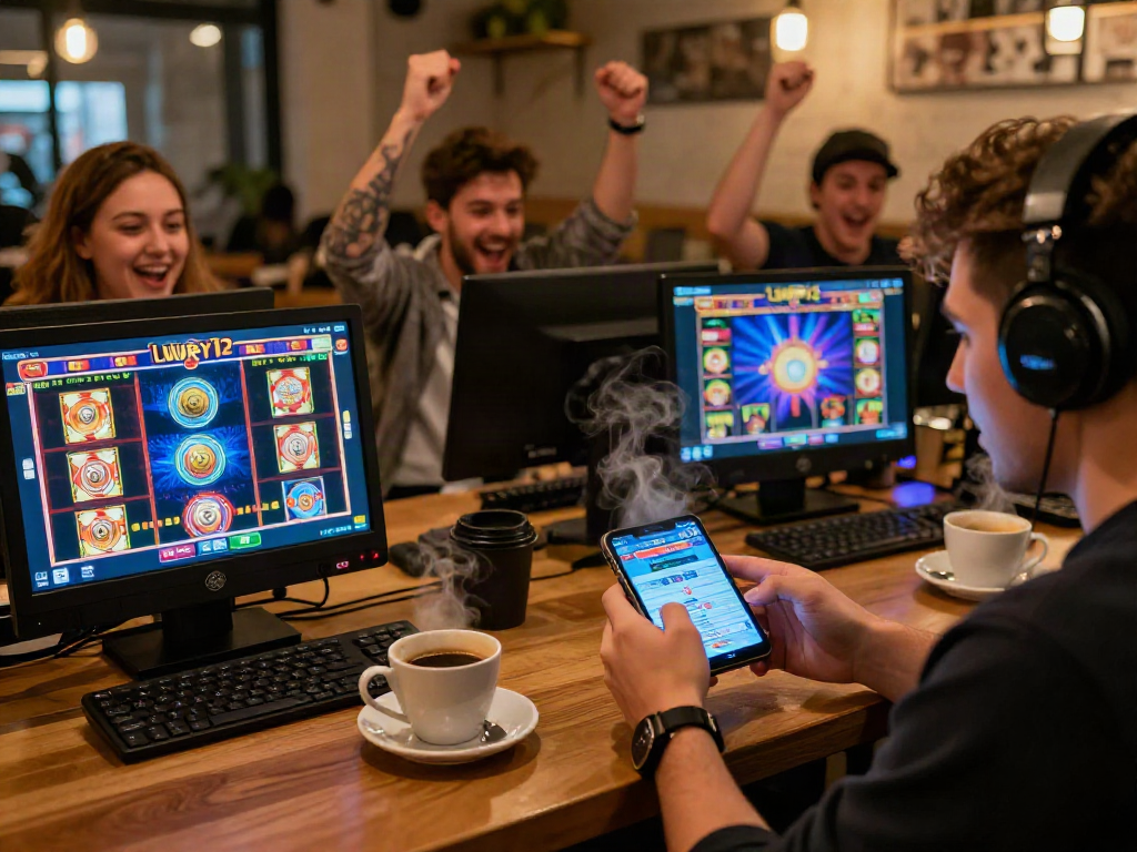 Engaging moment of a player enjoying luxury12 slots in a cozy cafe.