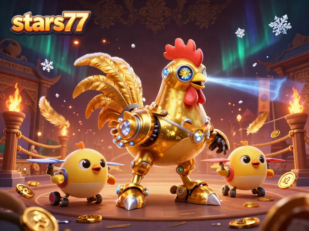 Melihat analisis pasar di stars77 dengan robot ayam emas dan drone anak ayam yang dinamis.