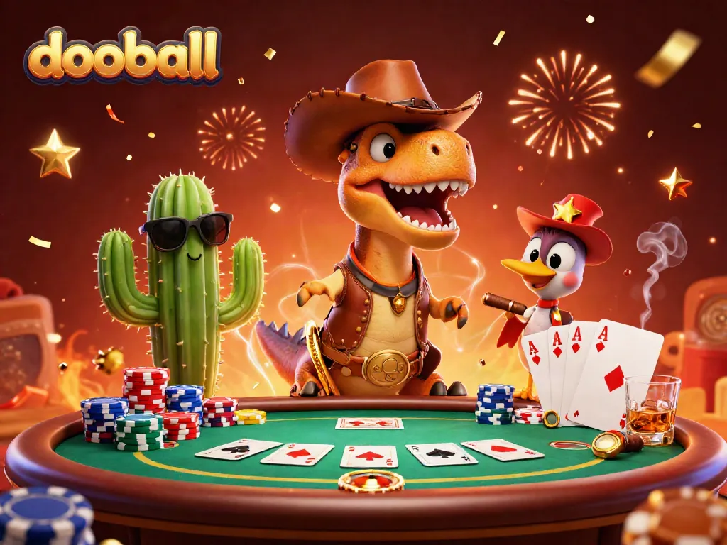 Experience the thrill of dooball at a lively poker table with a cartoon dinosaur and festive elements.