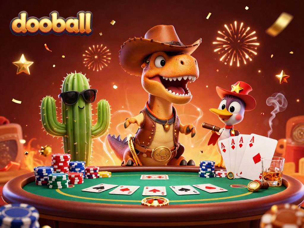 Experience the thrill of dooball at a lively poker table with a cartoon dinosaur and festive elements.