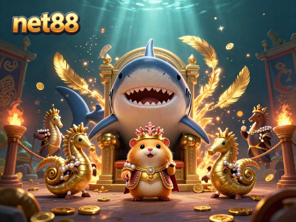 Join the excitement at net88 with a fierce hamster king on his shark throne in an underwater casino adventure.