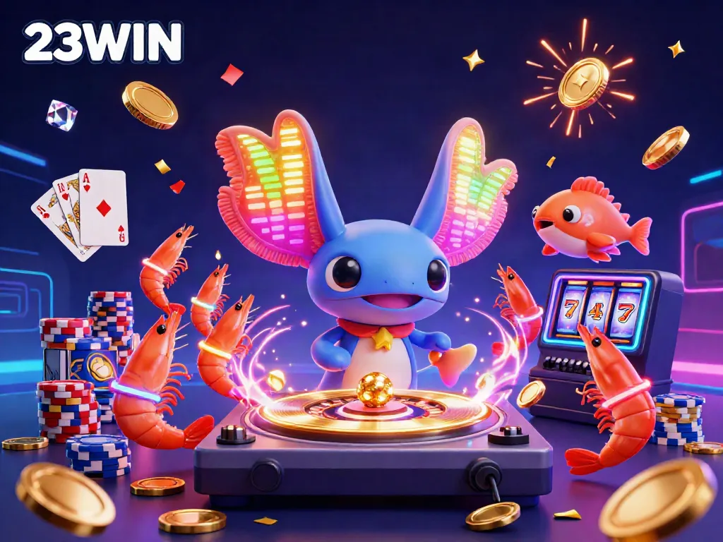 Experience the vibrant energy of 23WIN featuring an axolotl DJ at an underwater casino party.